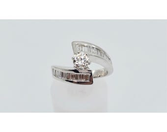 14K Solid White Gold Round & Baguette Cut Diamond Engagement Ring - Size 6.25