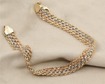 14K Tri Tone Multi Color Gold Flat Wide Multi Row Rope Bracelet - 7.50" Length