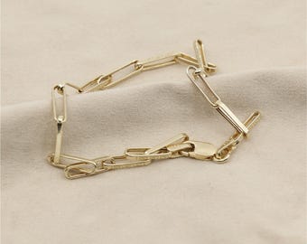 Unique 14K Solid Yellow Gold Greek Key Paperclip Link Bracelet - 7.75" Length