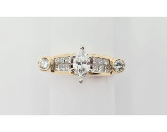 Unique 14K Solid Yellow Gold Marquise, Princess & Round Diamond Ring - Size 6.25