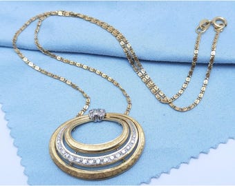 Vintage 18K Two Tone Multi Color Gold Diamond Oval Pendant Link Chain Necklace