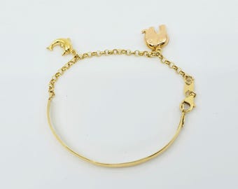 Unique 18K Solid Yellow Gold Lucky Elephant, Dolphin Bangle & Link Bracelet 7" L