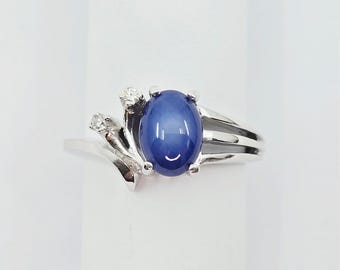 Unique 14K Solid White Gold Designer Star Sapphire & Diamond Ring - Size 5.75