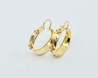 Unique 18K Solid Yellow Gold Designer Floral Wide Bangle Dangle Hoop Earrings