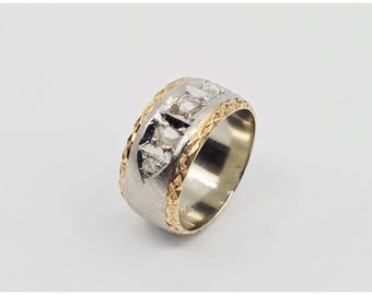 Vintage 14K Two Tone Multi Color Gold Raw Diamond Wide Band Ring - Size 8.75