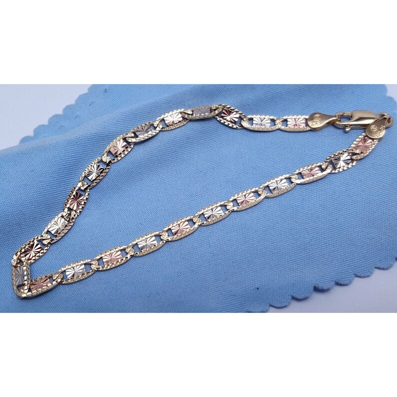 14K Solid Tri Tone Multi Color Gold Diamond Cut Valentino Link Bracelet
