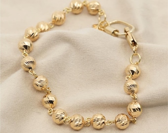 Unique 18K Karat Solid Yellow Gold Diamond Cut Bead Ball Link Bracelet - 6.50" L