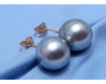 Beautiful 14K Karat Solid Yellow Gold Round Tahitian Pearl Stud Earrings