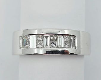 18K Solid White Gold Baguette & Princess Cut Diamond Wide Band Ring - Size 10.25