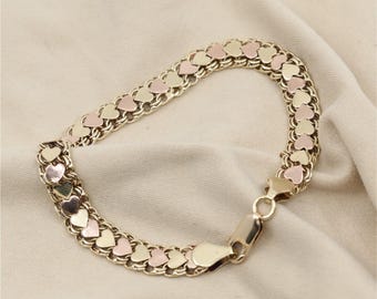 14K Two Tone Multi Color Gold Flat Wide Bismark Link Heart Bracelet - 7.25" L