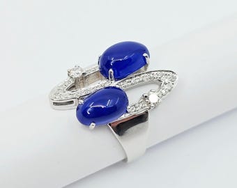 Unique 14K Solid White Gold Designer Diamond & Blue Crystal Wavy Ring - Size 7