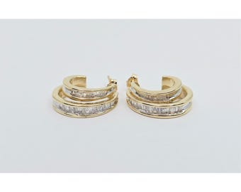 Unique 14K Solid Yellow Gold Half Hoop Crescent Baguette Diamond Stud Earrings