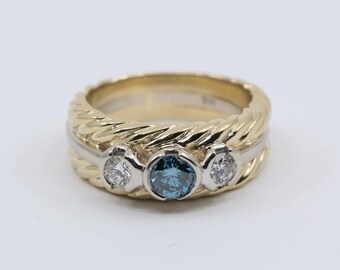 14K Two Tone Multi Color Gold Greenish Blue & White Diamond Three Stone Ring