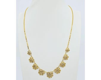 Unique 14K Solid Yellow Gold Designer Box Link Graduated Flower Chain Necklace