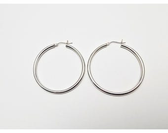 Beautiful Large 14K Karat Solid White Gold Designer Hinged Hoop Earrings