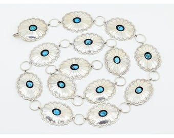 Vintage Sterling Silver Turquoise Concho Belt Necklace Southwestern 37" 193.22g