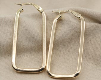 Unique 14K Karat Solid Yellow Gold Designer Square Tube Hoop Hinged Earrings