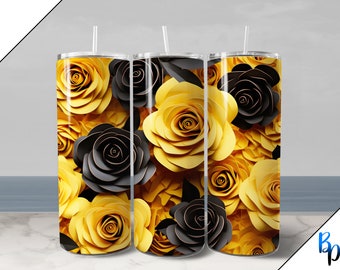 3D Roses 20 oz Seamless Tumbler Wrap, Yellow and Black flowers PNG for Straight Skinny Tumbler sublimation, solid background floral sublime