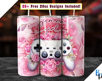 20oz Gamer Girl Tumbler Wrap, seamless floral game controller PNG gaming design file for sublimation on 20 ounce Straight Skinny and tapered