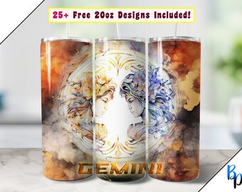20 oz Gemini Tumbler Wrap, seamless sublime zodiac Gemini Twins graphic design PNG for sublimation on 20 ounce straight and tapered tumblers