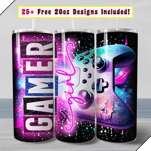 May include: Three 20oz stainless steel tumblers with a galaxy print and a video game controller design. The tumblers have pink, blue, and purple accents. The text "Gamer Girl" is on one of the tumblers.