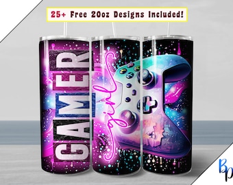 20oz Gamer Girl Tumbler Wrap, seamless neon game controller PNG gaming design file for sublimation on 20 ounce Straight Skinny and tapered