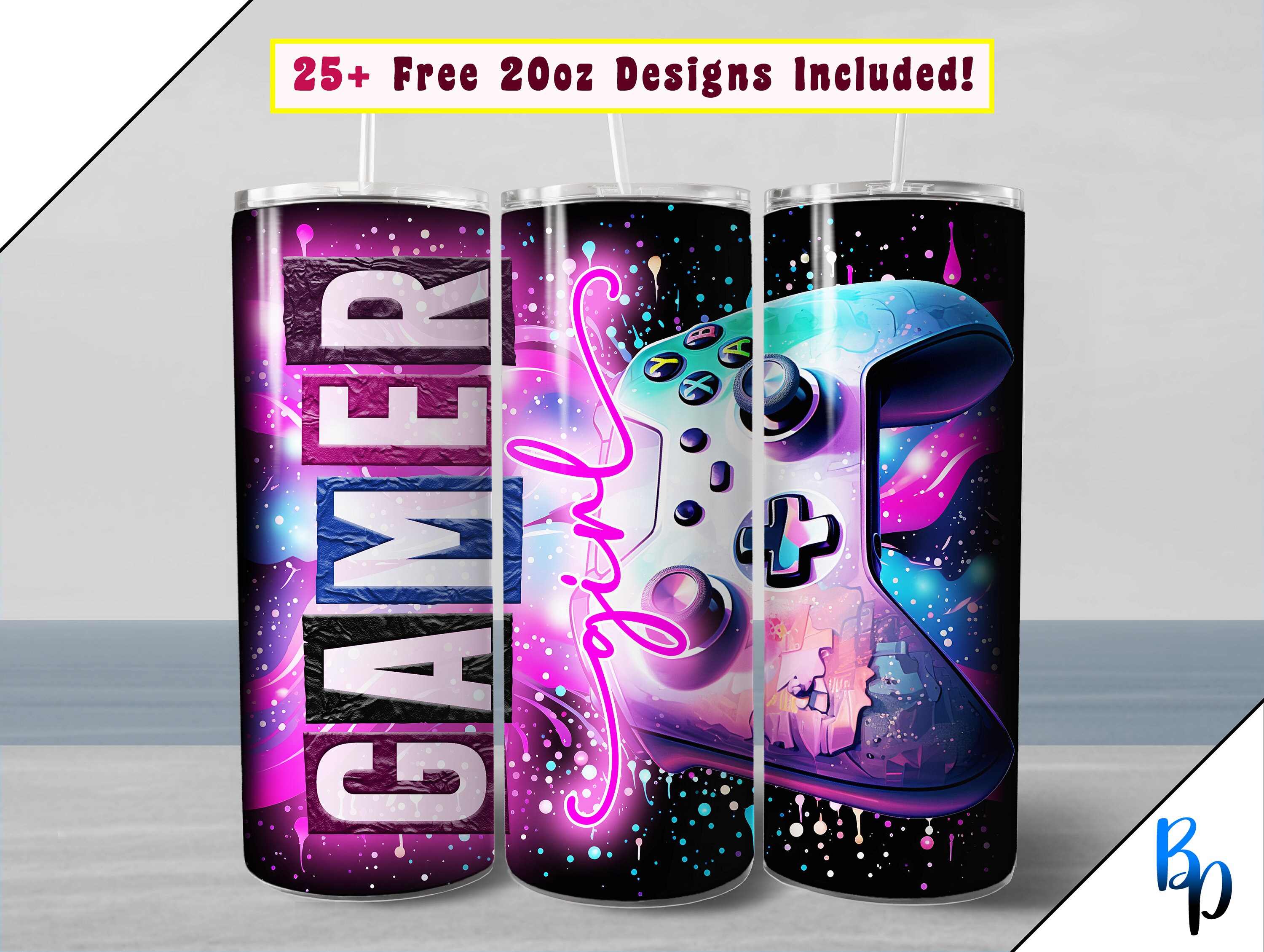 20oz Gamer Girl Tumbler Wrap, Seamless Neon Game Controller PNG Gaming ...