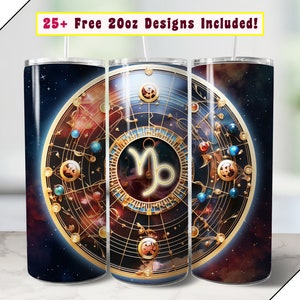 20oz Capricorn Tumbler Wrap, seamless astrology zodiac PNG sublime graphic design for sublimation on 20 ounce straight skinny and tapered