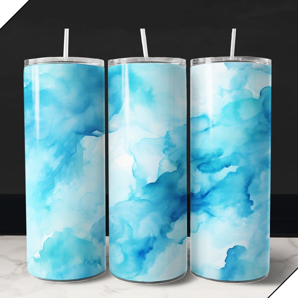 Alcohol Ink Tumbler Sublimation Wrap PNG, Blue and White clouds for 20oz ounce straight skinny sublime design, solid png tumbler background