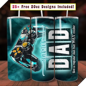 May include: Three 20 ounce stainless steel tumblers with a gamer theme. The tumbler on the left has a blue and green design with a video game controller. The tumbler in the middle has a blue and green design with the word "gamer" in white. The tumbler on the right has a blue and green design with the word "DAD" in white. The text "like a regular dad but WAY cooler" is printed on the right tumbler.