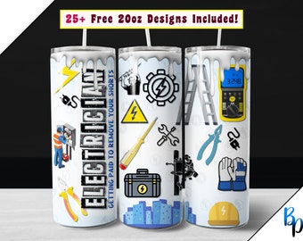Funny Electrician 20oz Tumbler Wrap, electrical PNG file for sublimation on 20 ounce Straight Skinny Tumbler, tradesman PNG digital download