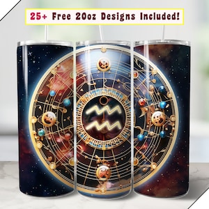 20 oz Aquarius Tumbler Wrap, seamless zodiac astrology PNG graphic wrap design for sublimation on 20 ounce straight skinny and tapered