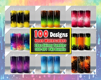 Neon Watercolor Tumbler Wrap PNG Sublimation Bundle, 20oz ounce straight skinny sublime designs, Huge solid png tumbler background bundle