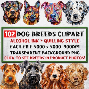 Dog Clipart Bundle, 102 dog breeds set Alcohol Ink Quilling style, transparent background pet PNG Bundle, Digital Download, Commercial Use