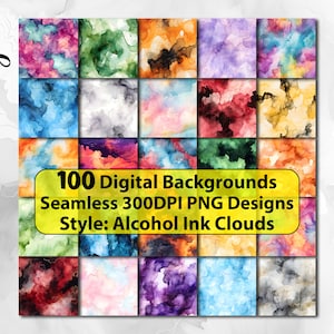 Background PNG Bundle, 100 Seamless Alcohol Ink Clouds graphic designs for backdrop and backgrounds, Huge Solid PNG file cloud and smoke set