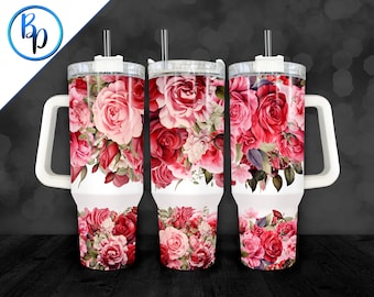 40 Unzen Rosen Tumbler Wrap, rosa und rote Blumen PNG Datei für Sublimation auf 40 Unzen Becher mit Griff, erhabene Liebe Blumen PNG download