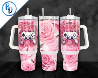 40oz Gamer Girl Tumbler Wrap, floral game controller Digital PNG file for sublimation gaming graphics on 40 ounce Tumbler with handle