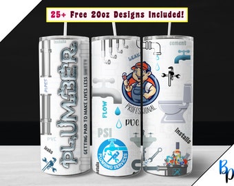 Funny Plumber 20oz Tumbler Wrap, plumbing PNG file for sublimation on 20 ounce Straight Skinny Tumbler, profession PNG digital download
