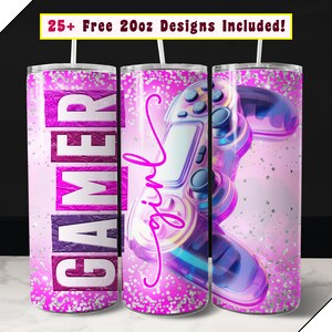 May include: Three pink and silver 20 oz tumblers with a gamer girl design. The tumblers feature a pink and silver glitter background with a purple and blue video game controller. One tumbler says "Gamer Girl" and the other says "Gamer".