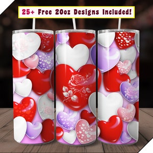 Valentines Tumbler Wrap, Rose and 3D hearts PNG file for sublimation on 20 ounce Straight Skinny Tumbler 20oz, seamless instant download