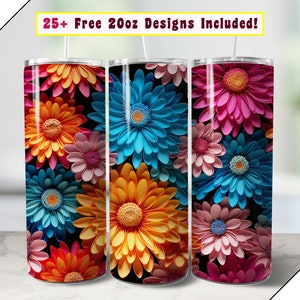 20oz 3D Flowers Tumbler Wrap, seamless floral sublime daisies PNG graphic design for sublimation on 20 ounce straight skinny and tapered
