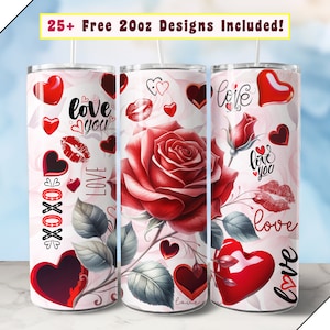 Valentines Tumbler Wrap, Rose love and hearts PNG file for sublimation on 20 ounce Straight Skinny Tumbler 20oz, seamless instant download