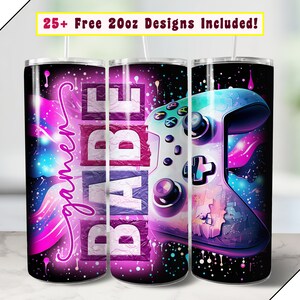 May include: Three 20oz stainless steel tumblers with a galaxy-themed design. The tumblers feature a pink, blue, and purple galaxy background with a white and green video game controller. The text "BABE" is printed on one tumbler and "gamer" is printed on another tumbler.