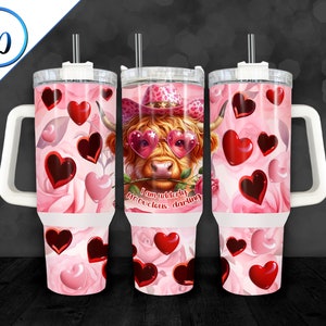 40oz Valentines Tumbler Wrap, Highland cow hearts MOO-velous PNG file for sublimation on 40 ounce Tumbler with handle, seamless design