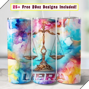 20 oz Libra Tumbler Wrap, astrología sublime sin costuras Libra Scale PNG diseño gráfico para sublimación en 20 onzas rectas delgadas y cónicas