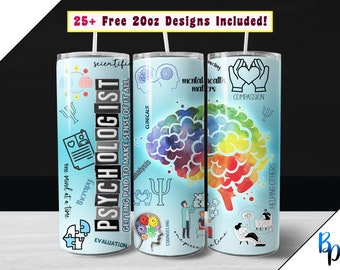 Psychologist Tumbler Wrap, psychology PNG file for sublimation on 20 ounce 20oz Straight Skinny Tumbler, mental health tumbler wrap design