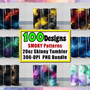 May include: 100 Designs Smoky Patterns 20oz Skinny Tumbler 300-DPI PNG Bundle. A digital download of 100 sublimation designs featuring abstract smoky patterns in various colors. The designs are perfect for creating custom tumblers, mugs, and other personalized items.