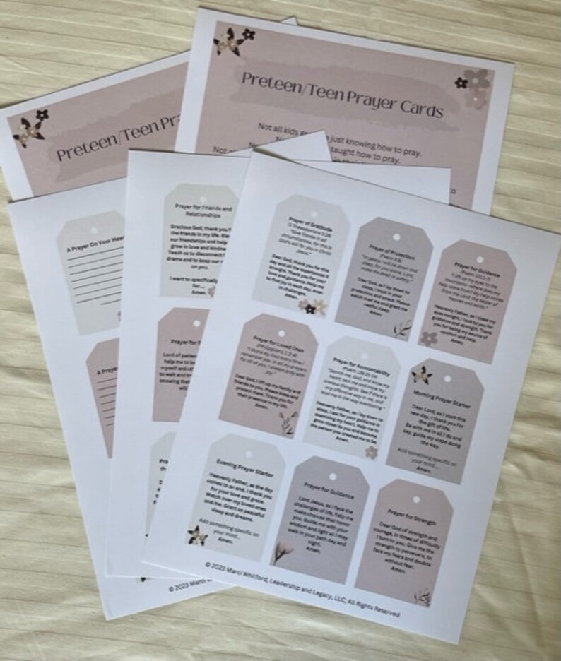 May include: A set of printable prayer cards for preteens and teens. The cards are beige with brown floral accents and feature different prayer topics, such as prayer for friends and relationships, prayer for guidance, and prayer for strength. The cards are designed to help young people learn how to pray and grow in their faith.