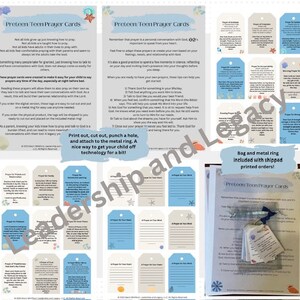 May include: A set of printable prayer cards for preteens, featuring a blue and white ocean theme. The cards are designed to be cut out, punched, and attached to a metal ring. The text on the cards includes prompts for prayer, such as "Pray for Friends", "Pray for Patience", and "Pray for Your Heart".