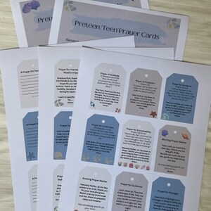 May include: A set of printable prayer cards for preteens and teens. The cards feature a blue and brown color scheme with seashell accents. Each card has a different prayer topic, such as a prayer for friends, a prayer for guidance, and a prayer for strength.